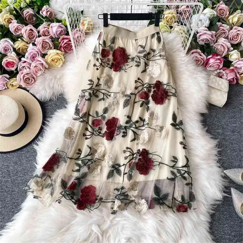 Kore Kadınlar Çiçek Gül Etekler Moda Woamn Nakış Etek Femme Mesh 210708