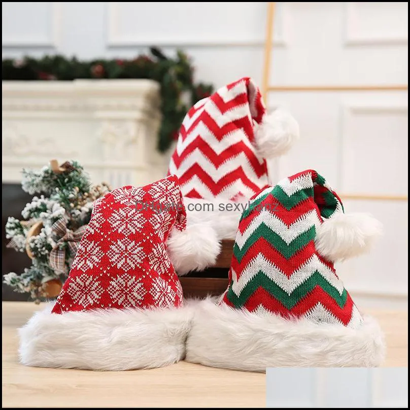 Beanie/Skull Caps 2021 Knitted Woolen Christmas Hat Thicken Plush Striped Santa Claus Wool Xmas Hats Winter