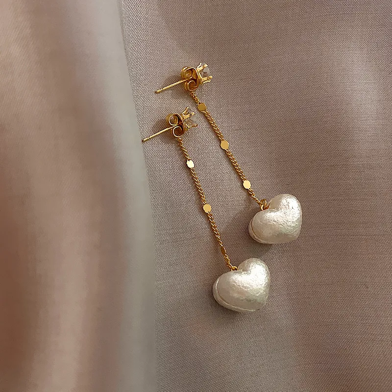 Trendy Classic Pearl Pendant Peach Heart Love Modeling Ear Line Charm Lady ong metal tassel Drop Earrings Jewelry For elegant Women girls Party Wedding Gifts