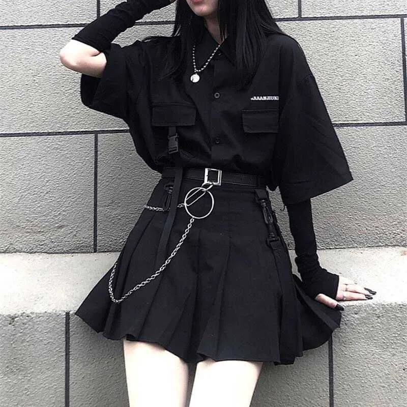 Korea Ulzzang Three piece set dark Mini Women Skirt School Uniforms A-line High Waist Harajuka gothic Suits & Sets 210608