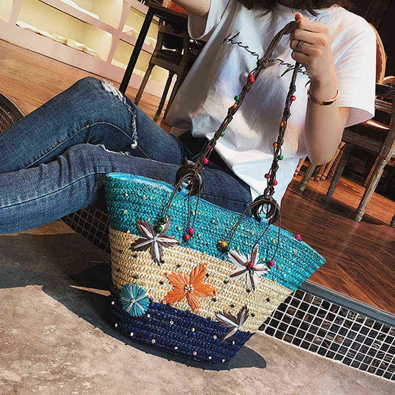 Borse per la spesa Bohemian Ricamato Starfish Paglia Grande capacità Tote Shoudler Casual Summer Beach Big Shopper Rattan Handbags 220301