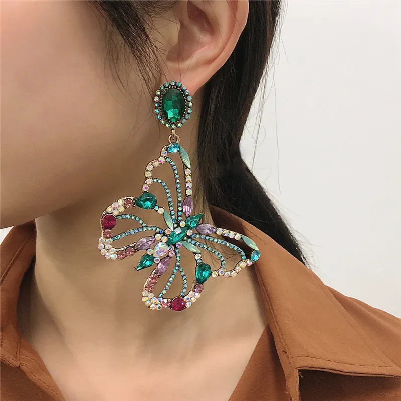 Grote verklaring vlinder studs oorbel barok vrouwen kleurrijke rhinestone diamant drop oorbellen geschenken mode dier ontwerp straat partij bedel sieraden accessoires