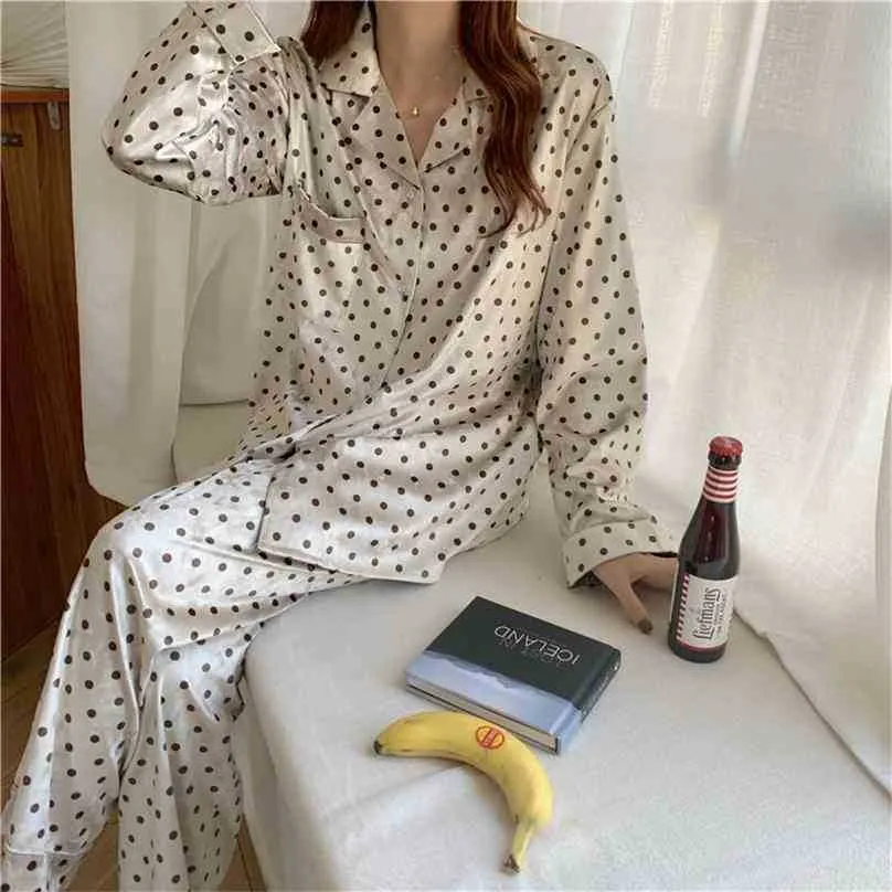 Deux pièces costume à pois impression vêtements de nuit doux doux décontracté Homewear élégant lâche mode maison pyjamas ensembles 210525