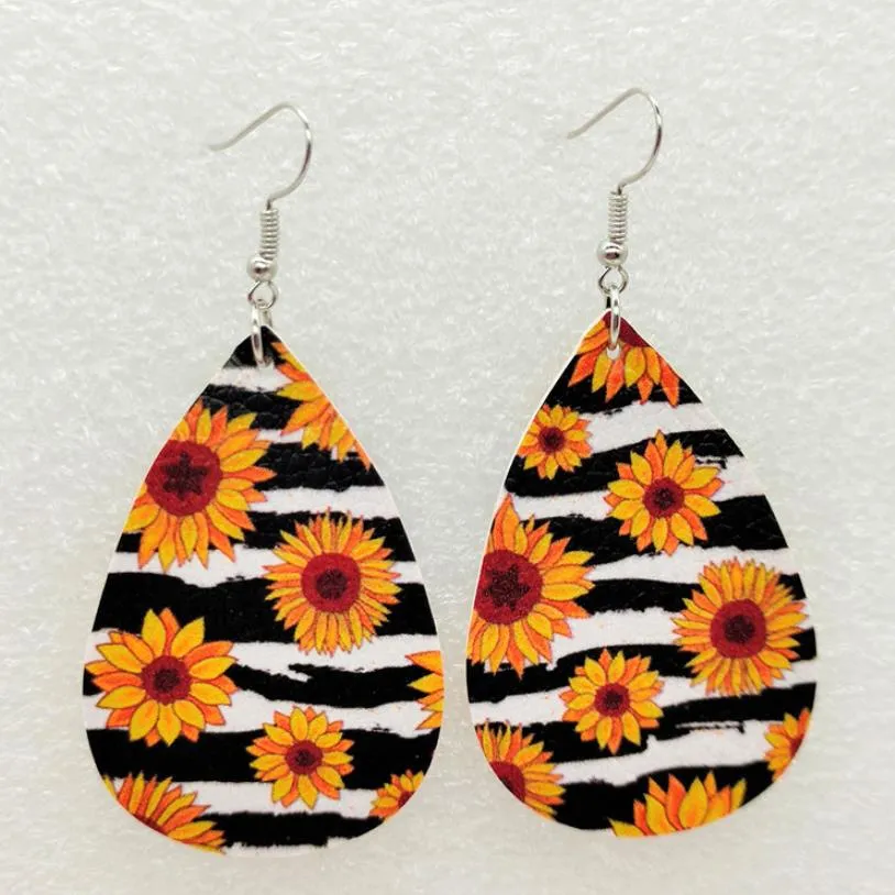 Dangle Chandelier High Quality Sunflower Printed Faux Leather Teardrop Earrings Colorful Layered Flower Pattern Water Drop Earrings Creative Gifts