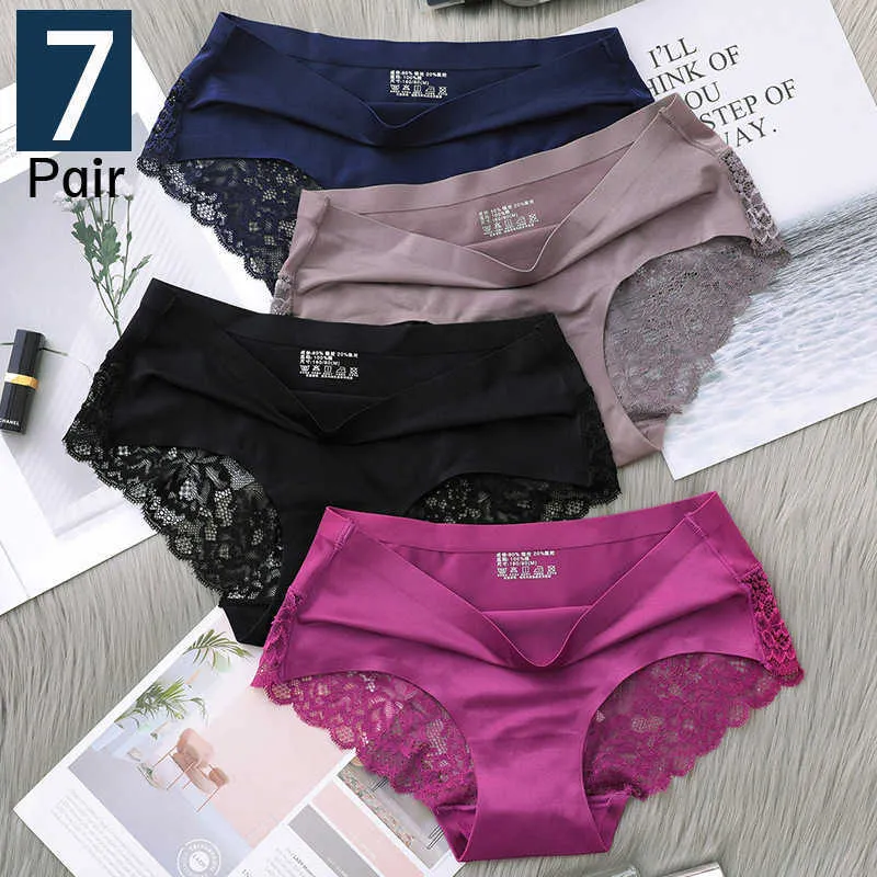 7Pcs Women's Pants exy Panties Women's Iace lingerie Solid Color Seamless briefs Mid-Rise Briefs Woman cotton underwear 210720