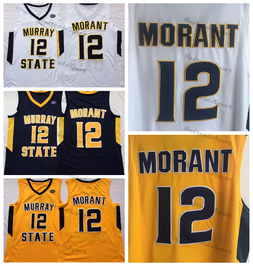 Mens Murray State Racers 12 Ja Morant College Basketbal Jerseys Blauw Wit Geel Gestikte Shirts OVC Patch S-XXL