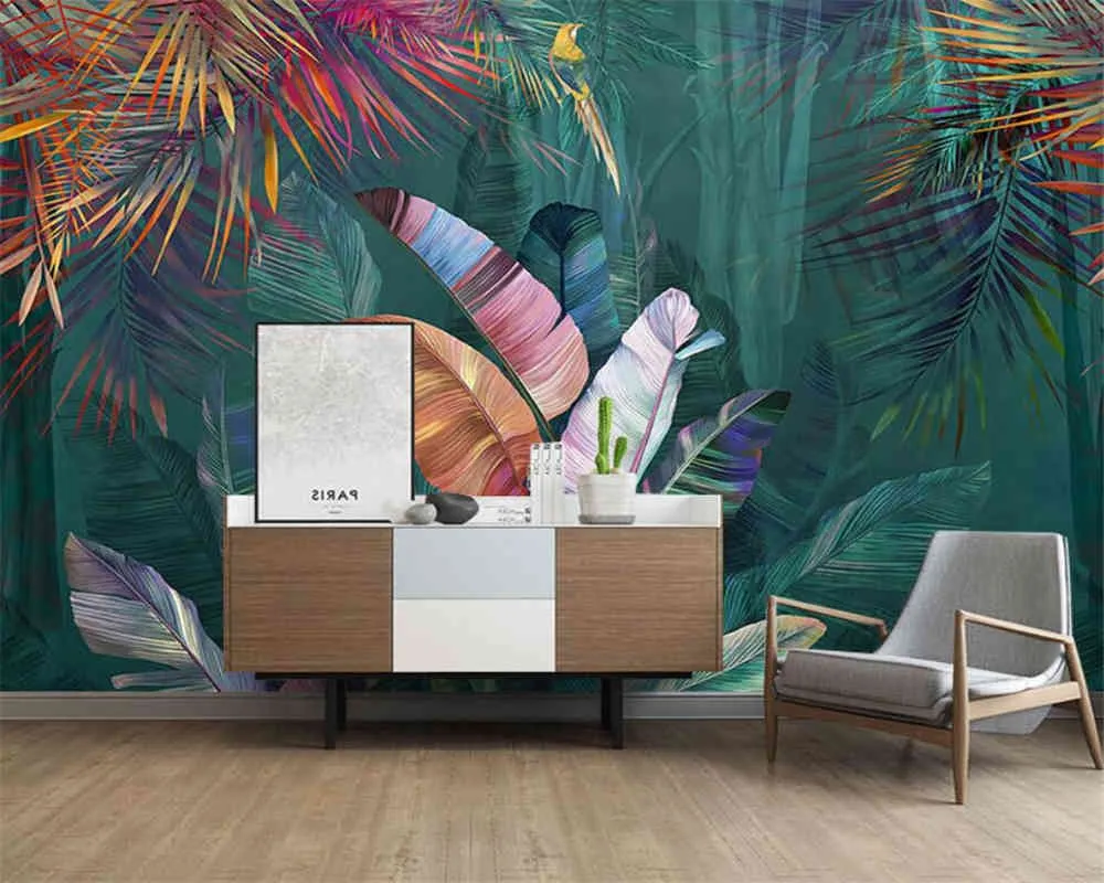 beibehang Custom Nordic hand-painted tropical plants banana palm leaf parrot mural TV background wallpaper papier peint