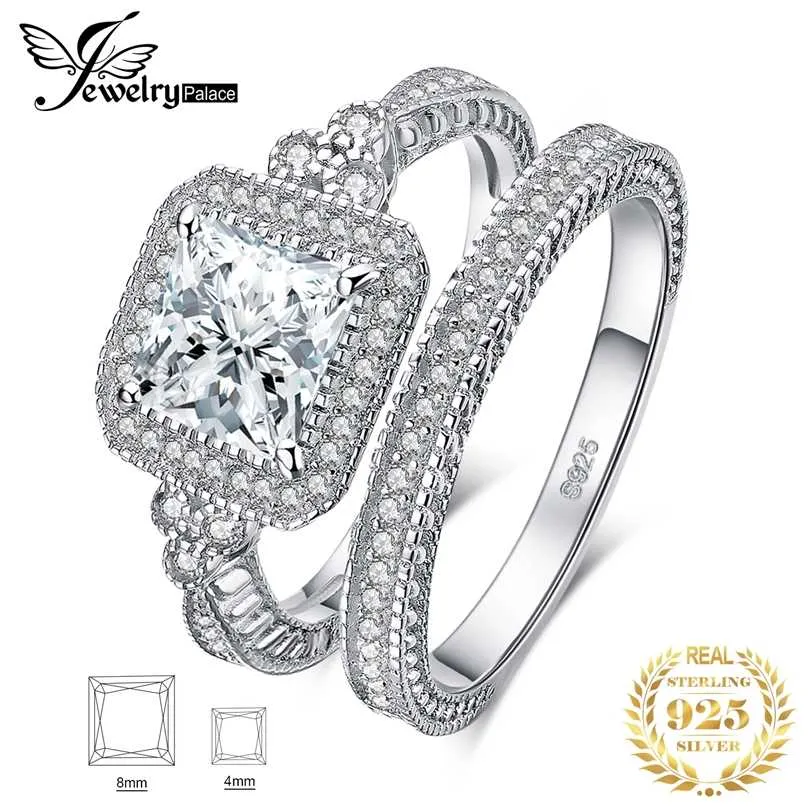 Smycken Vintage Wedding Band Engagement Ring Set Cubic Zirconia Sumulated Diamond Princess 925 Sterling Silver Women 211217