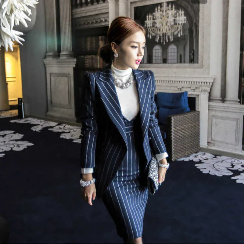 women's suits office autumn winter Striped fashion business 2 piece suit skirt top women's suit with a skirt blazer set ladies 210927