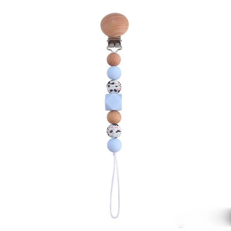 DIY Leopard Silicone Baby Pacifier Clips Chain Natural Wooden Baby Teether Teething Beads Newborn Teeth Practice Toys Infant Feeding