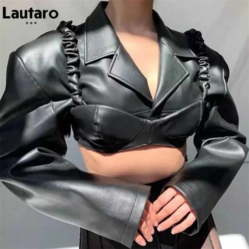 Lautaro Spring Autumn Short Black Light Faux Leather Jacket Women Long Sleeve Lapel Runway Stylish Sexy Fashion Cropped Top 211130
