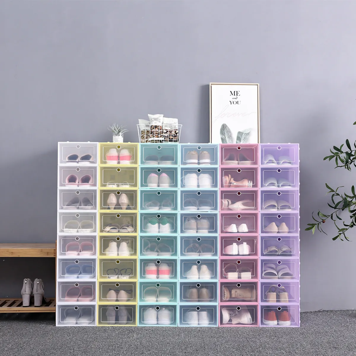 Duidelijke plastic schoenendoos stofdichte sneaker opslag organizer flip transparante hoge hakken dozen snoep kleur stapelbare schoenen containers case DH9896