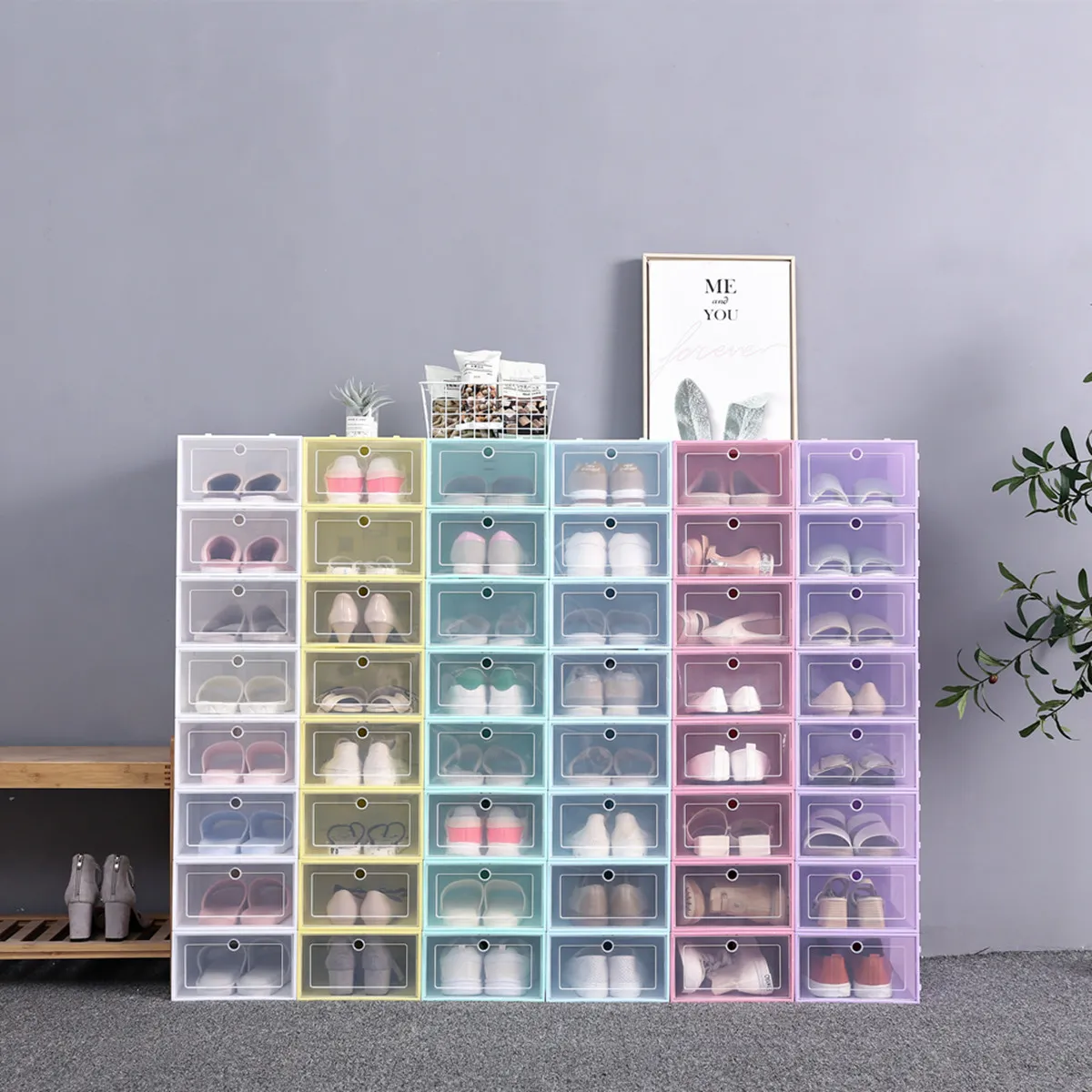 Rensa plastskor Box Dammsäker Sneaker Storage Arrangör Flip Transparent Högklackar Lådor Candy Färg Staplable Skor Containers Case DH9896