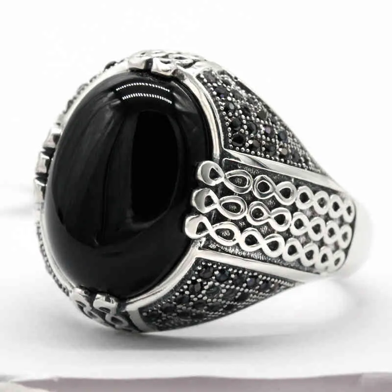 Black Natural Agate Stone Solid 925 Sterling Silver For Men Women Vintage Wedding/Party Ring Turkey Fine Jewelry