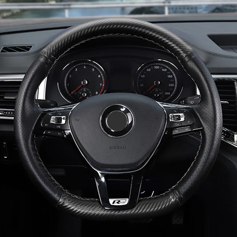 Black Fiber Leather Steering Wheel Covers Makro For VW Golf 7 Mk7, New