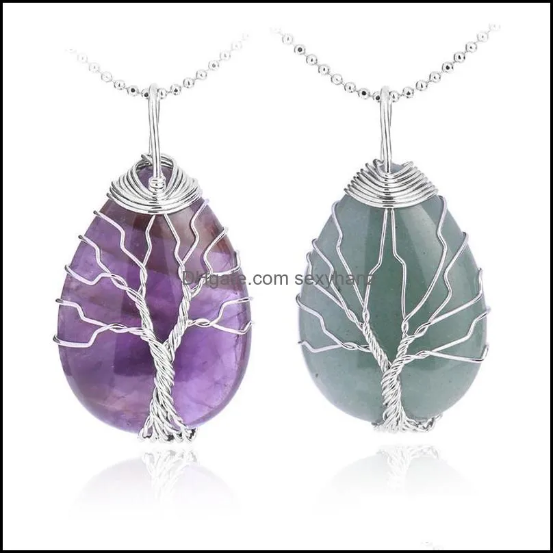 Colgantes Collares pendientes Alambre envuelto Árbol de la vida Piedra preciosa natural Collar de lágrima Curación Cristal Chakra Joyería para mujeres - Amethys