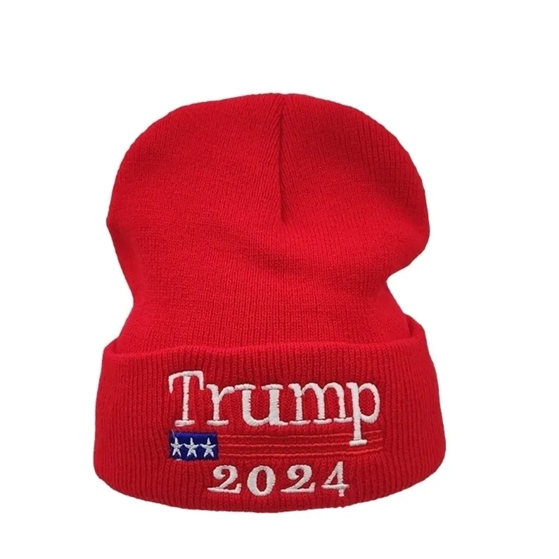 2024 Trump Hat Präsidentschaftswahl Frühling gestrickte Wollmützen Erwachsene Trump Supporter Strickmützen Winter Beanies Skull Caps Hip Hop G3302