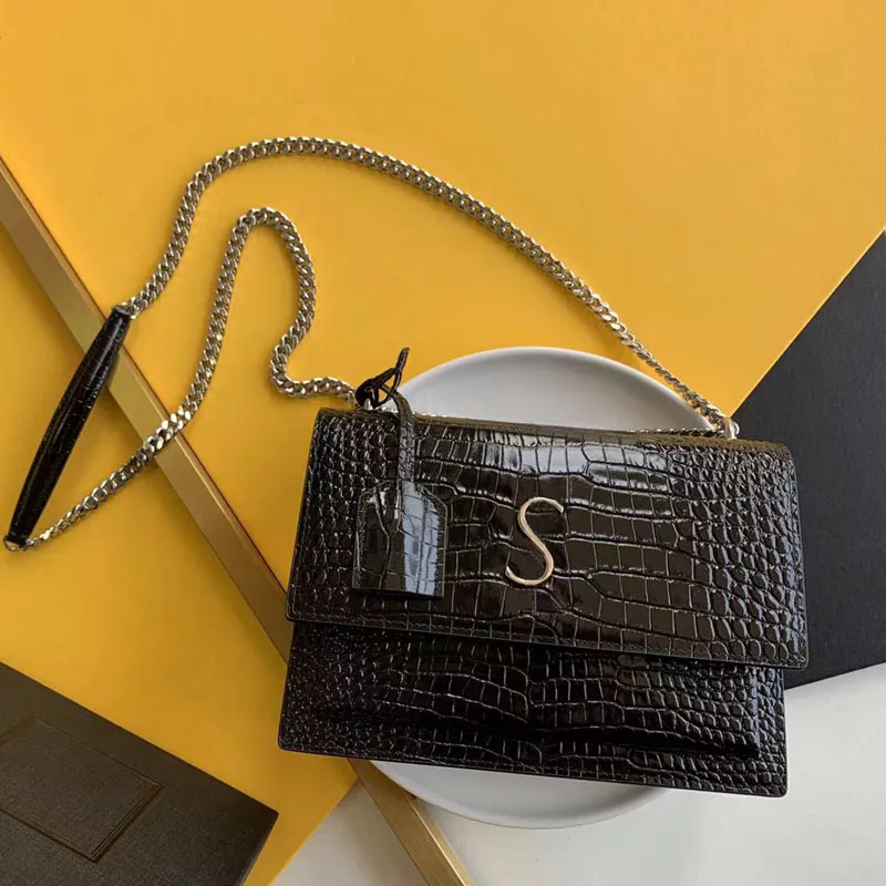 9A Brand Designer Shoulder Bag Women's Fashion Sunset Chain Handbag Luxury Crocodile Lines Cowhide Bags With Box