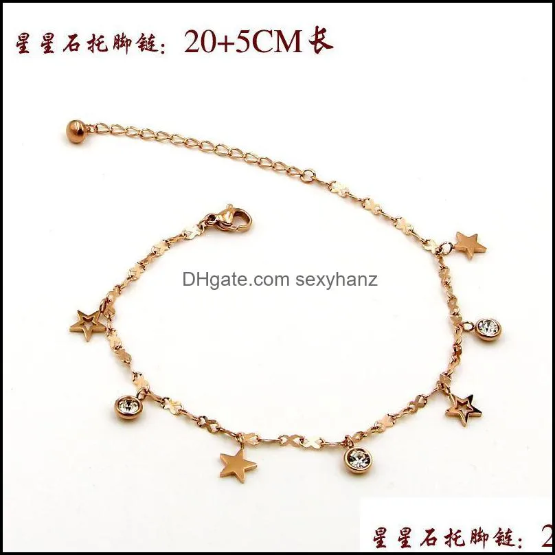 Anklets Fashion Stainless Steel Love Small Star Charm Chain Rose Gold Color Crystal Round Ankle Bracelet Woman Gift
