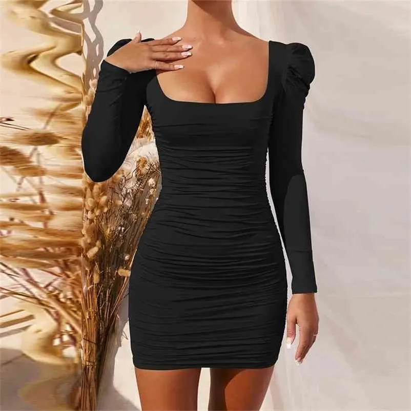 Manga comprida Pescoço quadrado Primavera Verão Preto Envoltório Ruched Bodycon Vestido Mulheres Sexy Backless Branco Elegante Mini Party Vestidos 210806