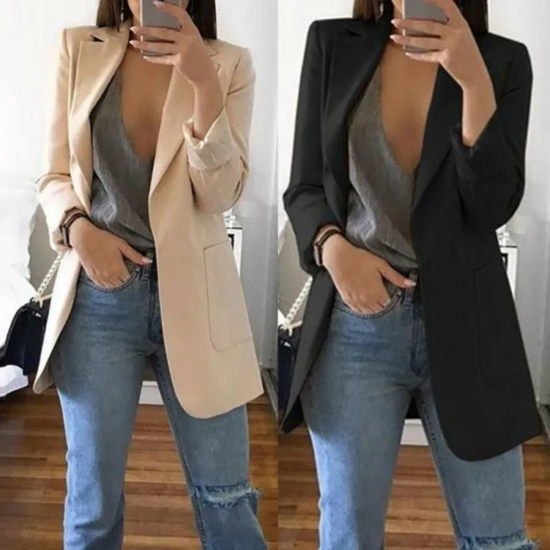 2023 New Arrival Women Ladies Long Sleeve Cardigan Slim Jackets Suit Work Jacket Casual Mid Coat Lapel