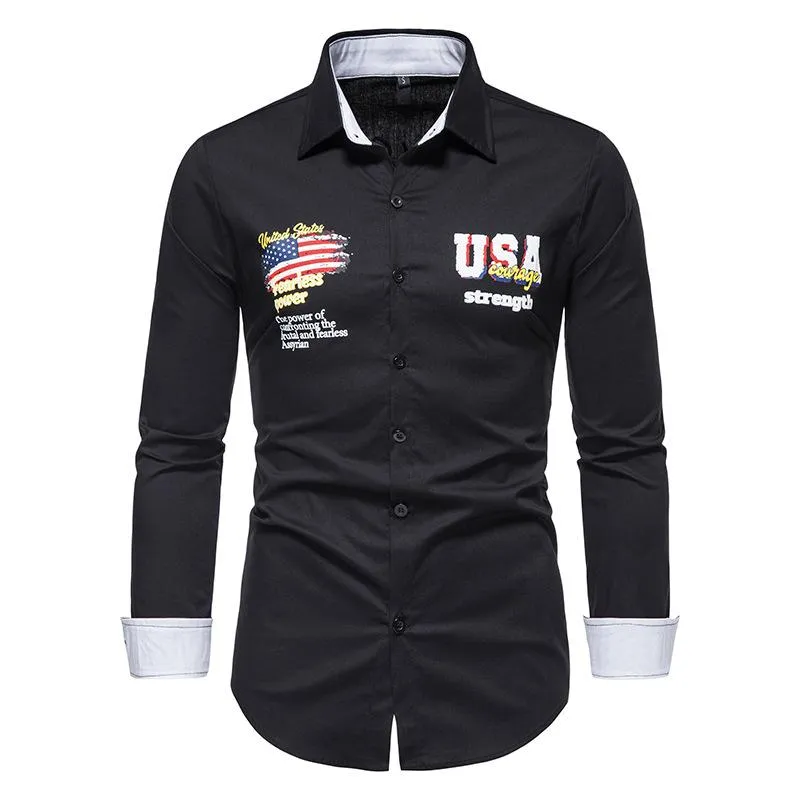 Men's Casual Shirts Vintage USA English Print Shirt Men 2022 Brand Western Cowboy Mens Slim Fit Long Sleeve Button Down Dress