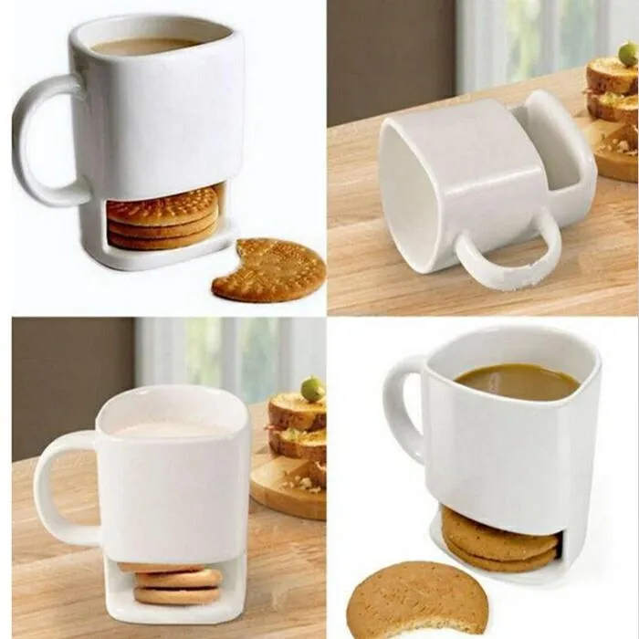 Ceramic Mug Set White Coffee Biscuits Milk Dessert Cup Tea Cups Side Cookie Pockets Holder For Home Office 250 ML ZWL64-WLL