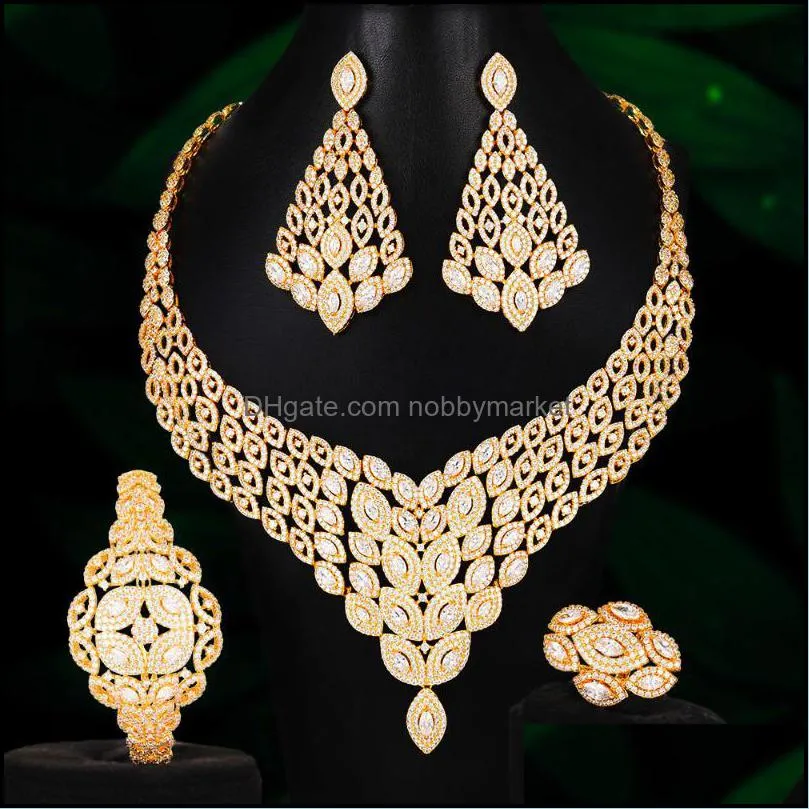 Earrings & Necklace Blachette Nigeria Dubai Shiny Luxury Peacock Feather Shape Noble Big Bangle Ring Jewelry Set For Women Wedding