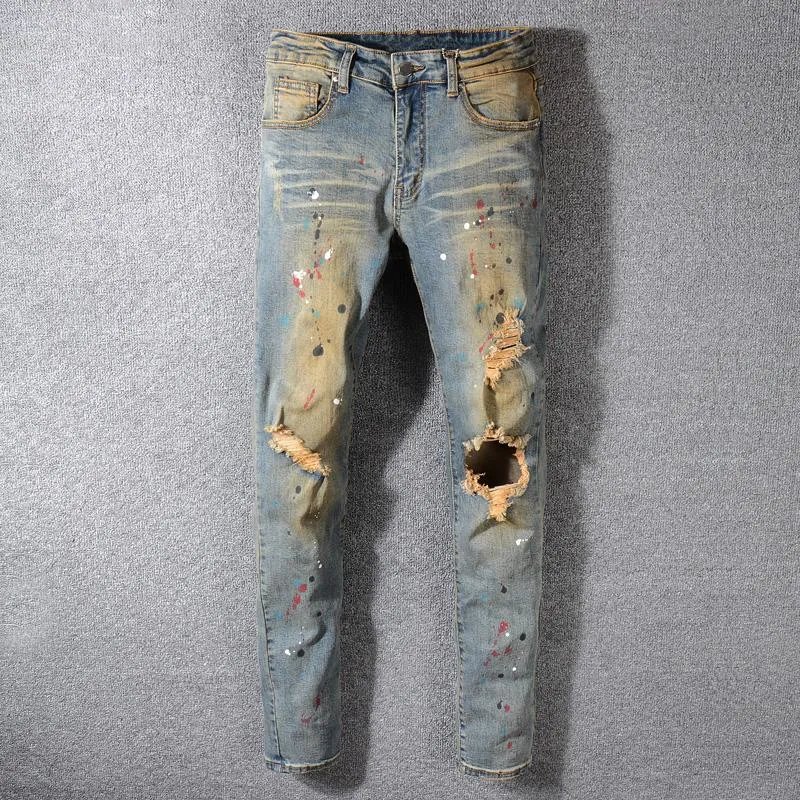Мужские джинсы модной уличной одежды Мужчины Ретро мытье Slim Fit Paint Designer разорванные напечатанные брюки уничтожены хип-хоп