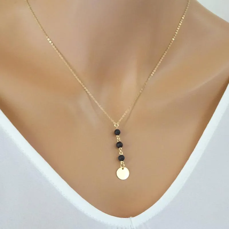 Pendant Necklaces 10pcs) Black Lava Stone Disc Essential Oil Diffuser Chain Necklace Jewelry Ball Bead