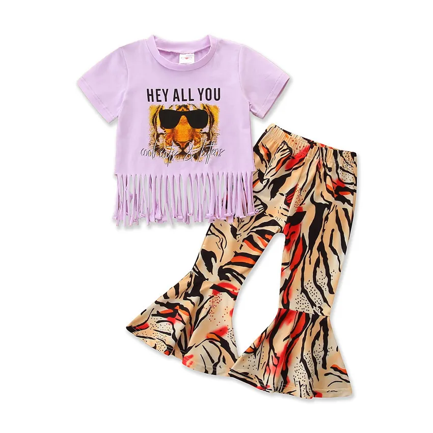 Vente en gros designer Bébé fille boutique vêtements blancs manches courtes tigre chemise tigre léopard pantalon à fond de cloche enfants ensembles d'enfants