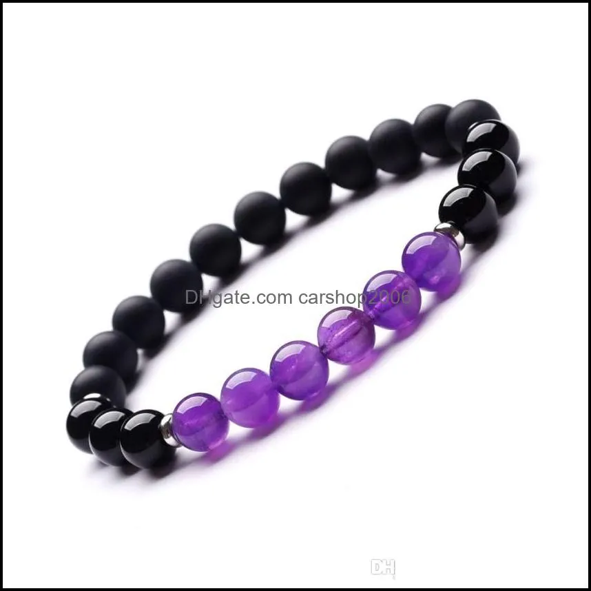Natural stone bracelet 8mm amethyst frosted black agate mix stainless steel energy stone wrist jewelry