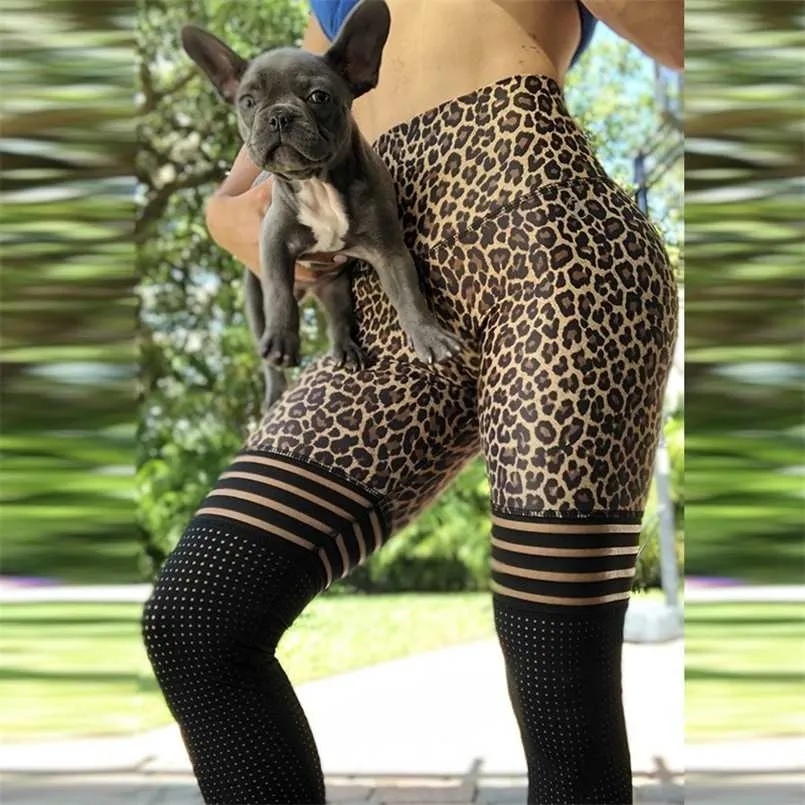Sexy leopardo leggings mulheres slim esportes leggings de cintura alta malha patchwork calça push up treino jeggings fitness mulheres leggings 211108