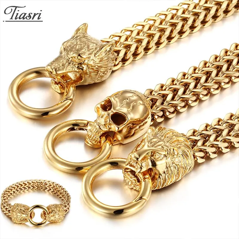 Link, Chain Tiasri 12mm Fashion Animal Design Bracciale gotico per uomo Color oro Acciaio inossidabile di alta qualità Figaro Weave Texture