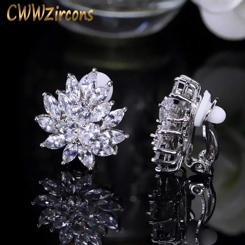 Designer Flower Shape Stunning Cubic Zirconia Crystal Women Ear Clip on Earrings Without Piercing CZ196 210714