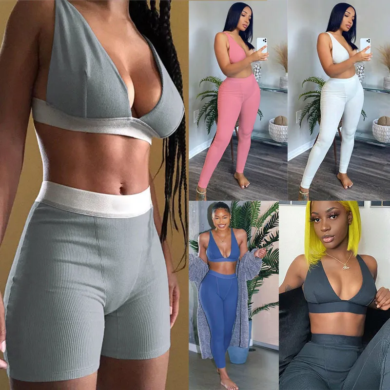 Femmes 2 Deux Pièces Survêtements Dos Nu Profond V Soutien-Gorge Taille Haute Leggings Pantalon Costume De Sport Vêtements De Sport Décontractés Jogging Discothèque Vêtements