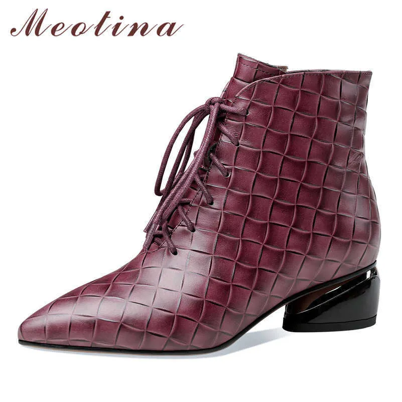 Meotina Véritable Cuir Mi Talon Bottes Courtes Femmes Chaussures Bout Pointu Zip Lacets Talons Épais Bottines Femme Automne Hiver Noir 210608