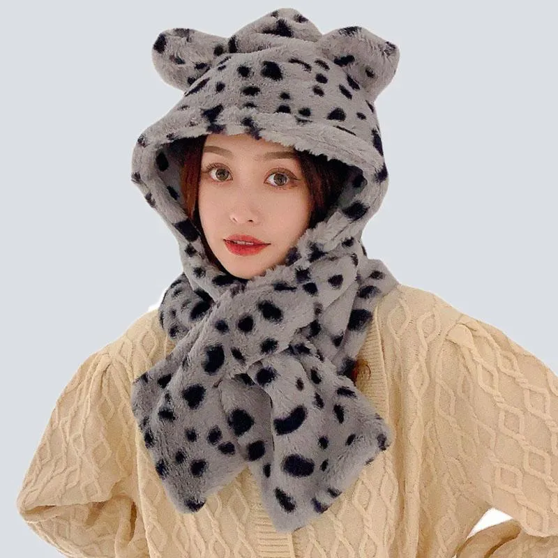 Beanie/Skull Caps 2021 Winter Cute Dot Leopard Bear Ear Beanies For Women Outdoor Thick Warm Velvet Ski Hat Scarf Set Protection