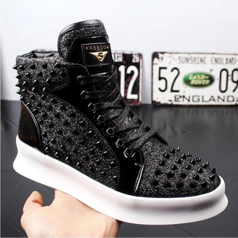 New Mens Casual High Top Sneakers: Solid Rivets, Flat Bottom
