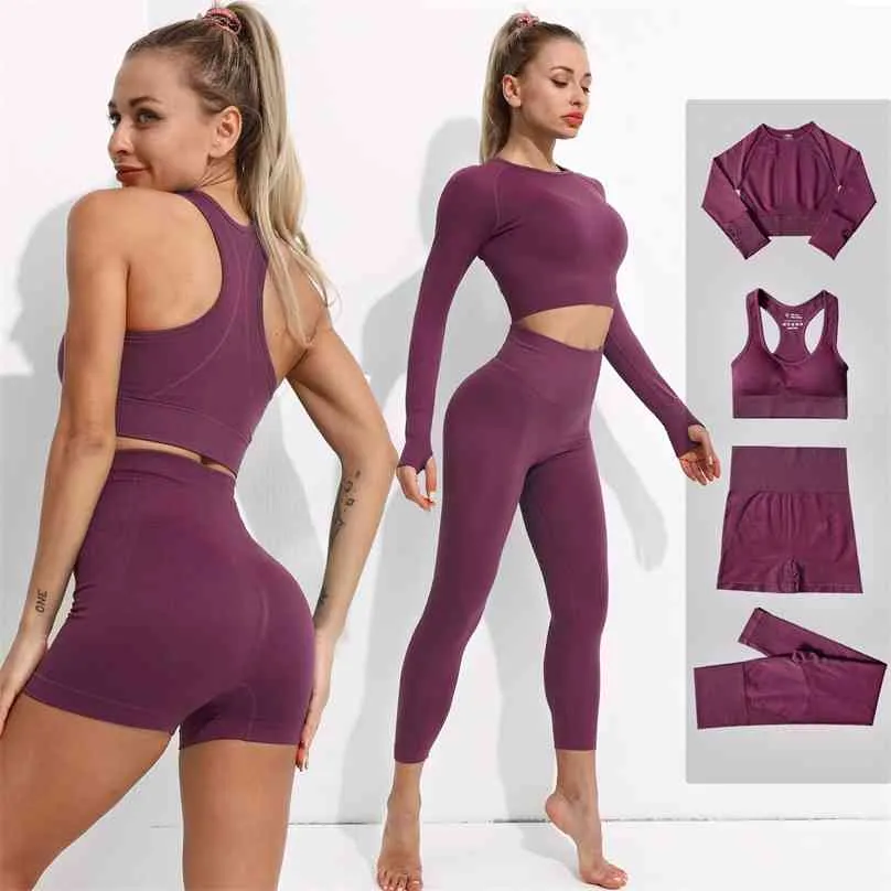 Seamless Women Yoga Set Workout Sportswear Gym Clothing Fitness Long Sleeve Crop Top High Waist Leggings Sports Suits Shorts set 210802