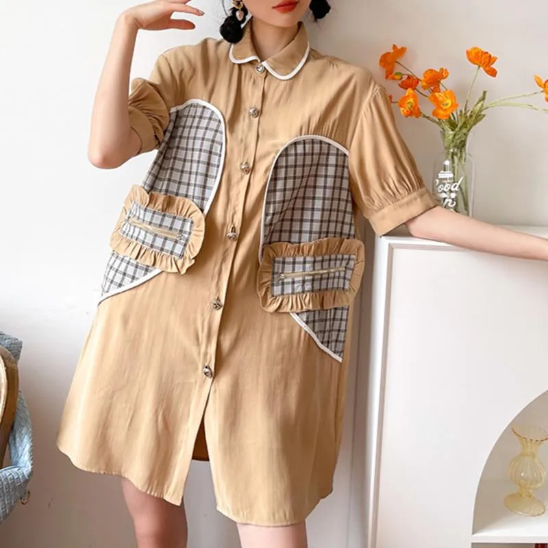 Women's Blouses & Shirts Bubble Short Sleeve Turn-Down Collar Plaid Print Patchwork Loose Female Straight Single Breasted Contrast Ruffle Sh