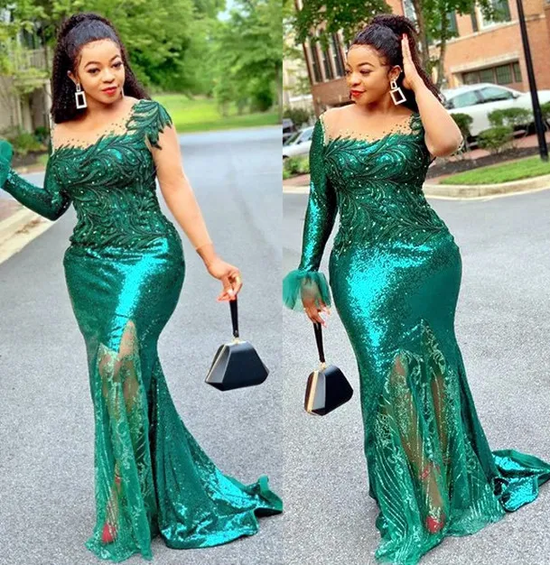 2021 Plus Size Arabische Aso Ebi Groene Zeemeermin Pailletten Galajurken Kant Kralen Sheer Neck Formele Partij Tweede Receptie Bruidsmeisjekleding Jurk ZJ335