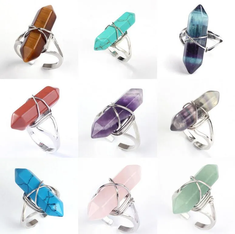 Hexagonal prisma ring ädelsten rock naturlig kristall kvarts heling punkt chakra sten charms öppna ringar för kvinnor män