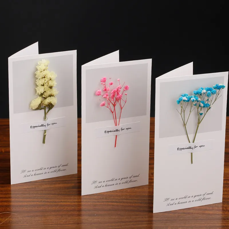 Valentine Flowers Greeting Cards Party Favor Gypsophila Dried Flowers Handwritten Blessing Gifts Card Wedding Invitations w-01353