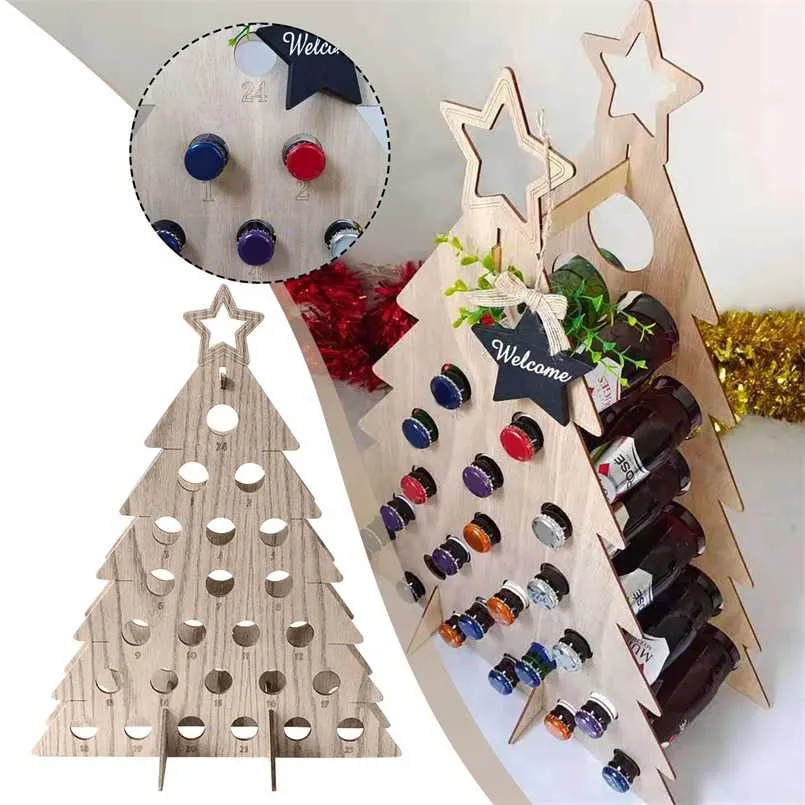 Christmas Tree Wine Rack Wooden Advent Countdown Calendar 24 Days Holiday Bottle Stand Gifts Xmas Decorations 211019