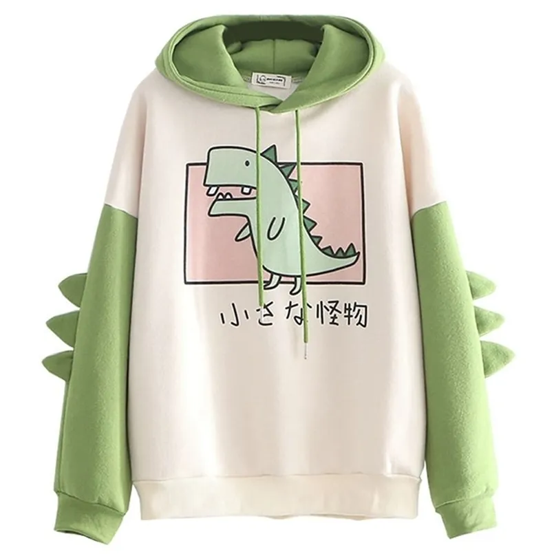 Dinosaur Oversized Cartoon Hoodie Kvinnor Mode Sweats Shirt Casual Print Koreansk stil Tjockad Vinter Dino Hoodie Toppar 210809