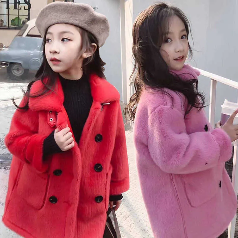 Vinter Nya Baby Girls Imitation Fur Coat Lång Mink Jacket Dubbelbröst Tjockt Varm Barn Tillfälligt Outwear TZ652 H0909