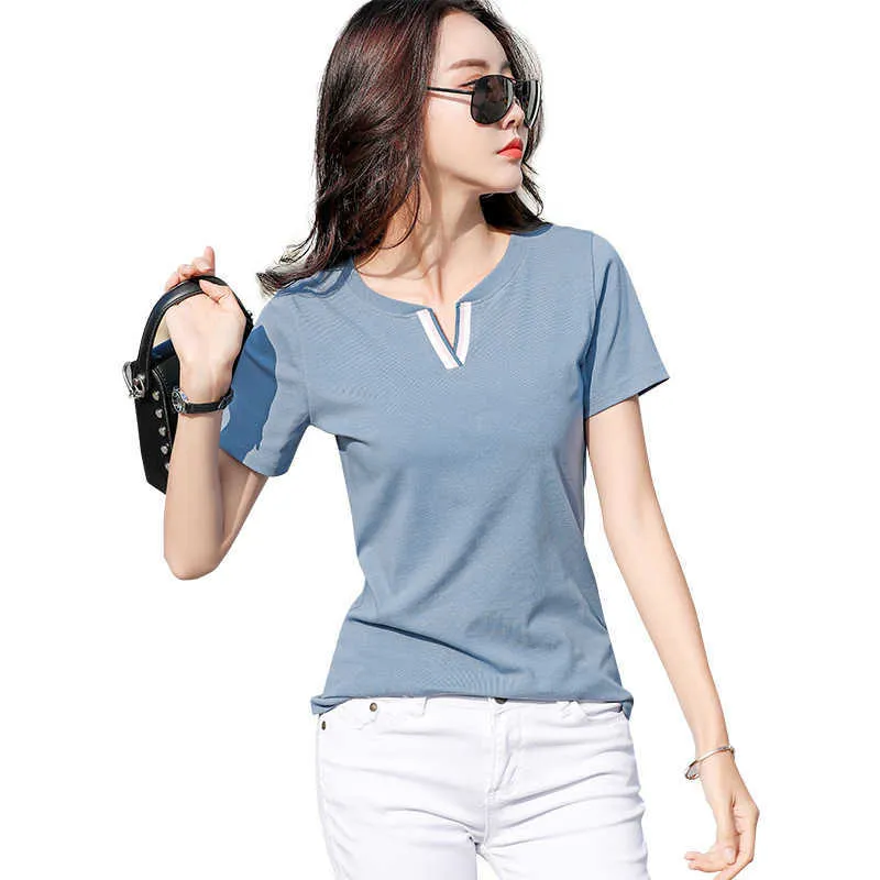 Hipster Cotton T Shirt Womens Patchwork V-Neck Contrasting Colors Ladies Summer s Slim Clothes Female ee Femme 210615