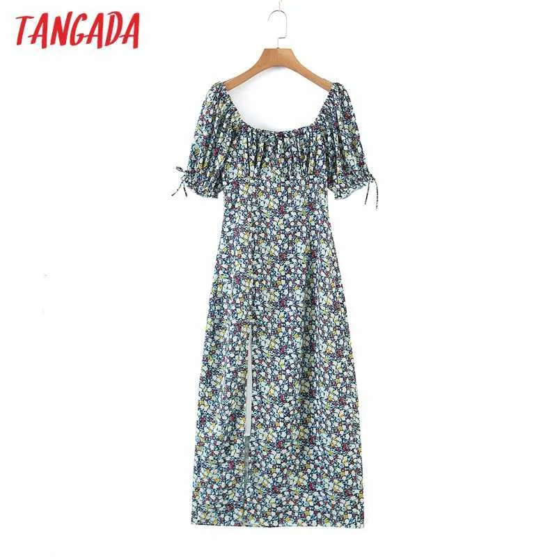 Tangada летние женщины цветочные шифоновые платье с плеча с коротким рукавом дамы пляжа MIDI платье Vestidos DZ3 210609