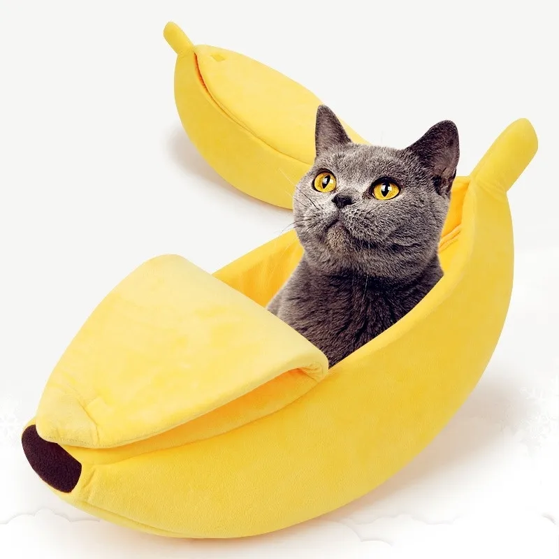 Banana Cat Bed House Cute Banana Puppy Cushion Kennel Warm soft Pet bet cat Forniture Mat Letti per gatti Gattini 210713